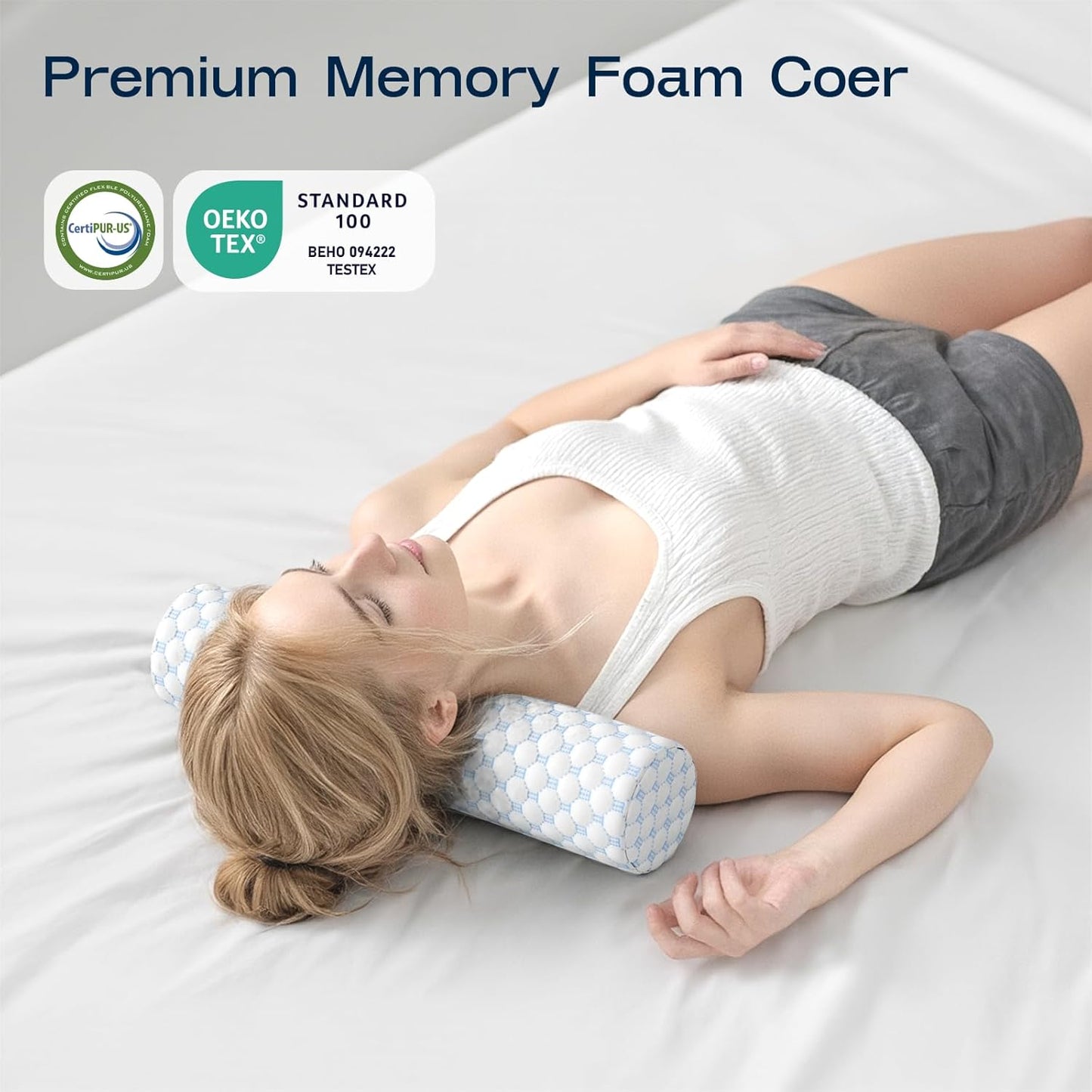 Neck Roll Pillow, Memory Foam Neck Support Pillows, Round Neck Pillows, Cylinder Bolster Pillows for Bed, Couch, and Yoga, Removable Washable Cover,18 * 4.3 * 4.3inch (Cool-Blue)