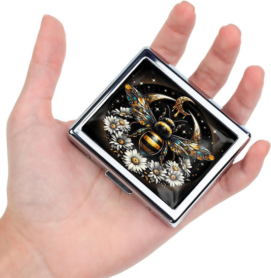 Cute and Stylish Metal Pill Box - Compact Portable Pill Organizer with 8 Compartments, Food-Grade Divider, Ideal for Travel, Vitamins, Jewelry, Cosmetics (Celestial Bee)