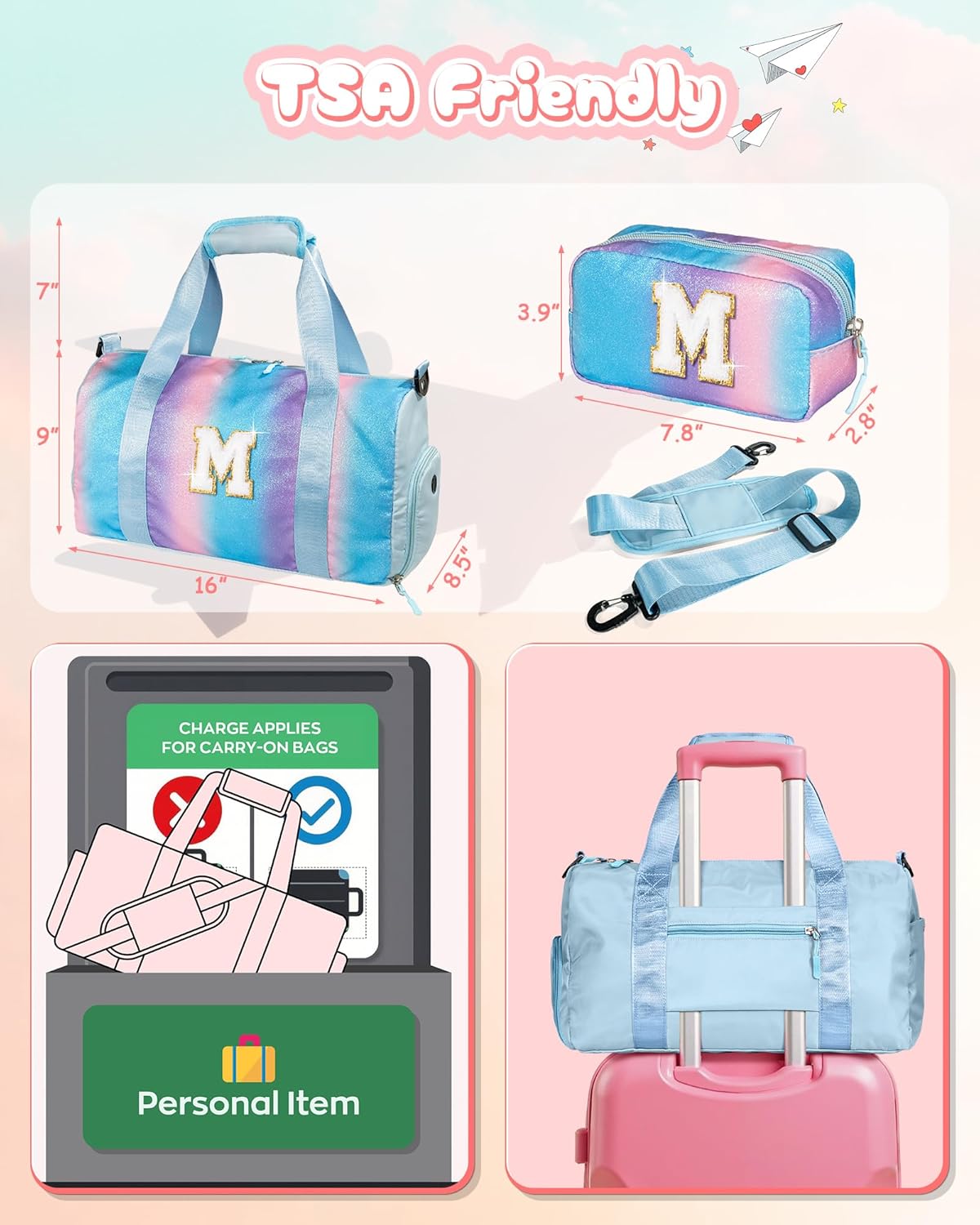 Girls Cheer Up Gifts-Girl Gym Bag with Shoe Compartment, Kid Personalized Weekender Overnight Bags, Initial Travel Tote with Makeup Pouch, Graduation Gift for Niece Kids Daughter (Letter K)