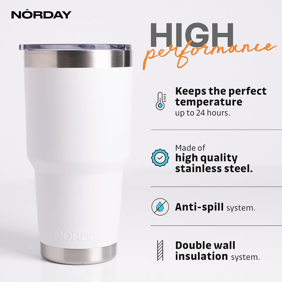 NORDAY | Tumbler with Lid - 30oz - White Insulated Tumbler - Stainless Steel Tumblers - Double Wall Vacuum Insulated Travel Coffee Mug for Car Cup Holder - Keeps Temperature for 24hr - Anti Spill Lid