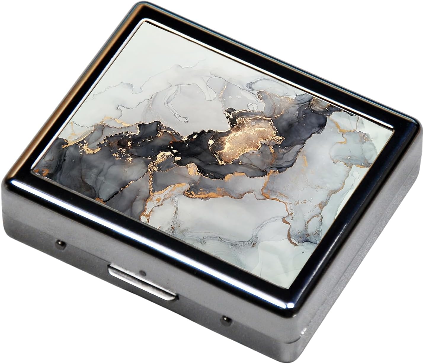 Silver Vintage Pill Box 7 Day Metal Pill Box with Mirror and 8 Compartments Cute Travel Pill Organizer for Purse (Black Gold Abstract Marble)