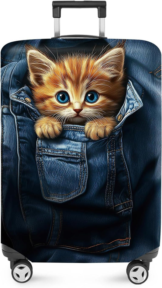 ANNA QUEEN Cute Kitten in Pocket Luggage Cover, Funny Cat Suitcase Protector with Denim Print, Stretchable & Washable Spandex Travel Cover for 20-22 Inch Luggage