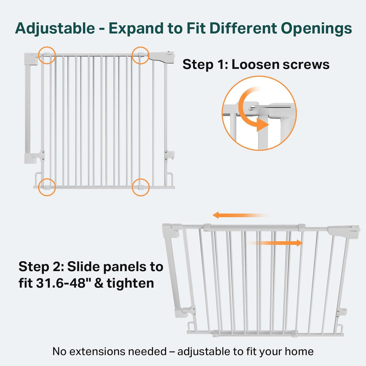 Cumbor Expandable 31.6-48" Baby Gate for Stairs, Wall-Mounted, 2-in-1 No Bottom Bar Dog Gate Indoor, Auto Close Pet Gate for Doorways with Large Walk Thru Door, Child-Proof Gate for Kids (White)