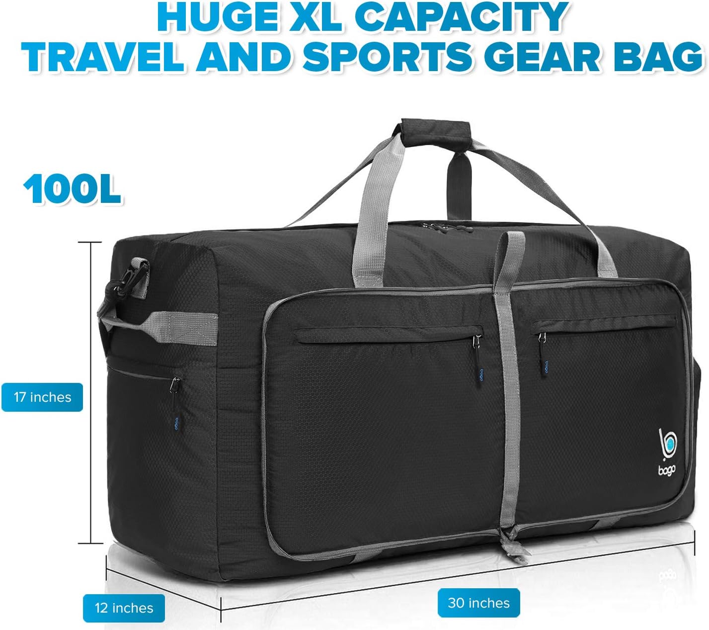 Bago Large Foldable Duffel Bags for Traveling Women & Men - 100L Packable Duffle Bag for Travel with Shoe Compartment - Water Repellant, Heavy Duty, Lightweight Folding & Collapsible (Black)