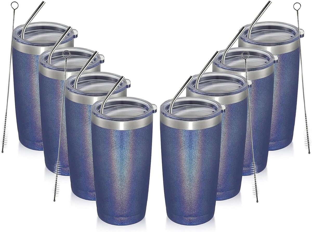 MEWAY 20oz Tumbler 8 Pack Double Wall Vacuum Insulated Travel Glitter Mug Bulk, Stainless Steel Tumblers with Lid and Straw, Powder Coated Coffee Cups for Woman(Rainbow Navy,Set of 8)
