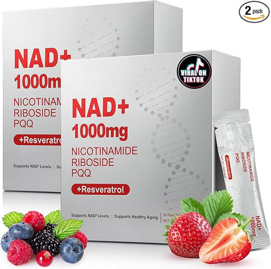 1000mg High-Potency NAD+ Liquid Supplement, Nicotinamide Riboside & Resveratrol with PQQ, Boosts Cellular Energy, Focus & Healthy Aging - 2 Pc