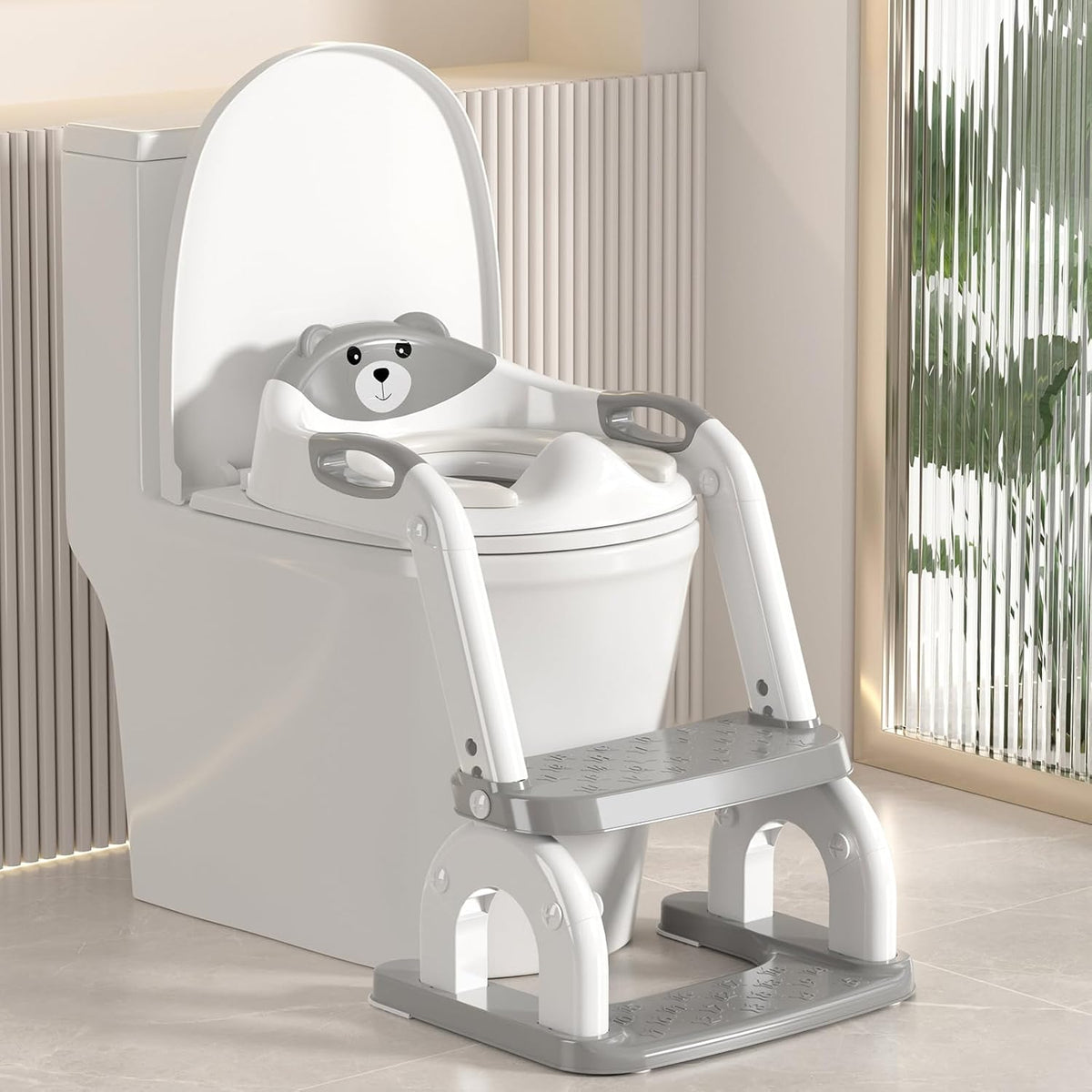 Potty Training Seat Upgraded 2-in-1 Potty Toilet for Kids Boys and Girls, Adjustable Step & Seat Height with Splash Guard Anti-Slip Pad Step Stool(White and Gray)