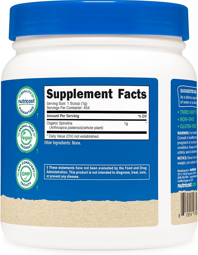 Nutricost Organic Spirulina Powder 454 Grams, 1LB - Pure, Certified Organic Spirulina