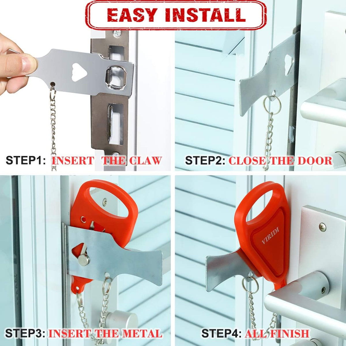 Home Security Door Lock, VIRIDI Portable Travel Doorlocks for Airbnb Hotel Room Bedroom Add Extra Safety Privacy Solid Removable No Drill Door Jammer Latch for House Apartment School Selfdefense Item