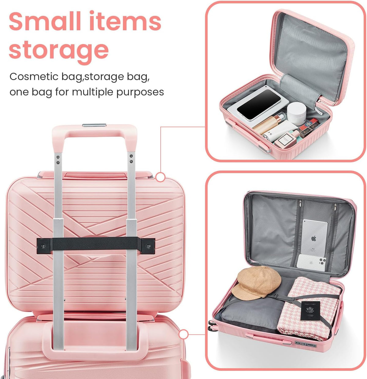 Campfun Luggage 4 Piece Sets, Expandable Carry On Luggage Set Hardshell PP, Suitcase Set with Double Spinner Wheels, Checked Durable Lightweight with TSA Lock, 14in 20in 24in 28in-Pink(C)