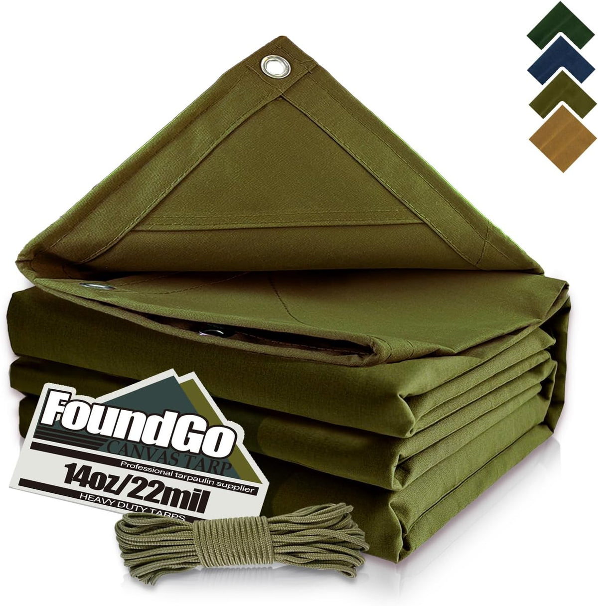 FoundGo Canvas Tarp 10x20ft Heavy Duty Waterproof Tarps with Grommets, UV Resistant, 22 Mil Tarpaulin,14 oz Durable Cloth Covers for Car, Roof, Boat, Camp, Canopy, Woodpile with Ropes-Moss