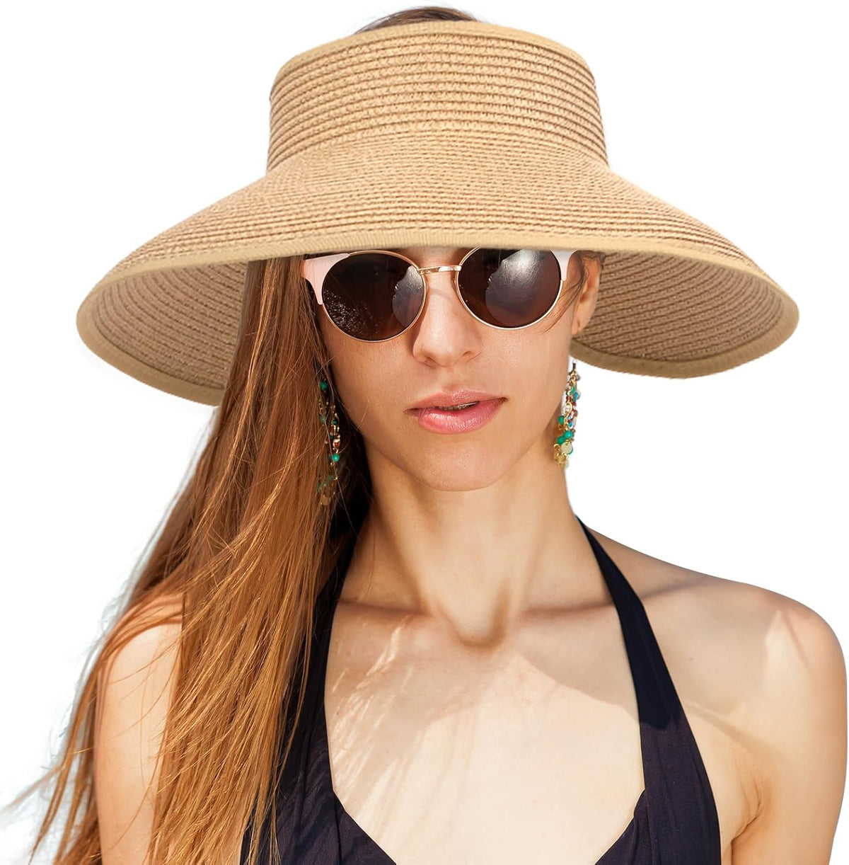 Sun Hats for Women Straw Beach Hat Wide Brim Sun Visor Summer Hat Packable Floppy Beach Vacation Essentials Green
