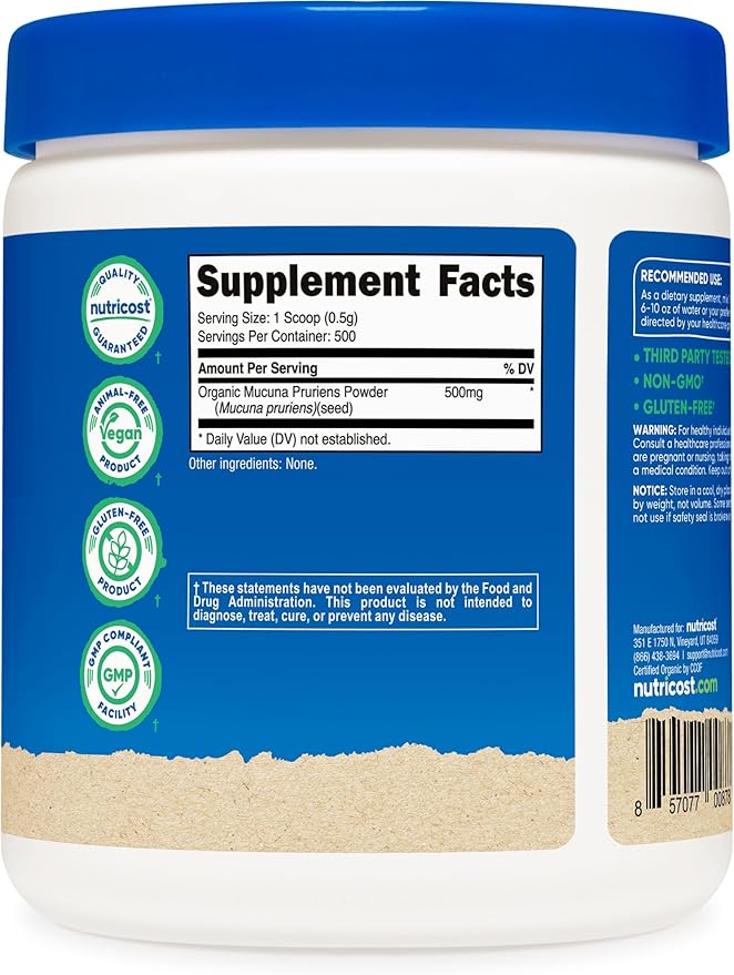 Nutricost Organic Mucuna Pruriens Powder (250 Grams) - Gluten Free, Non-GMO & Vegetarian Friendly