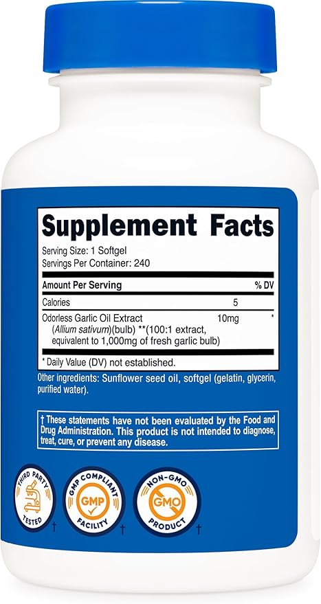 Nutricost Garlic 1000mg, 240 Softgels - Odorless, Premium Gluten Free Supplement
