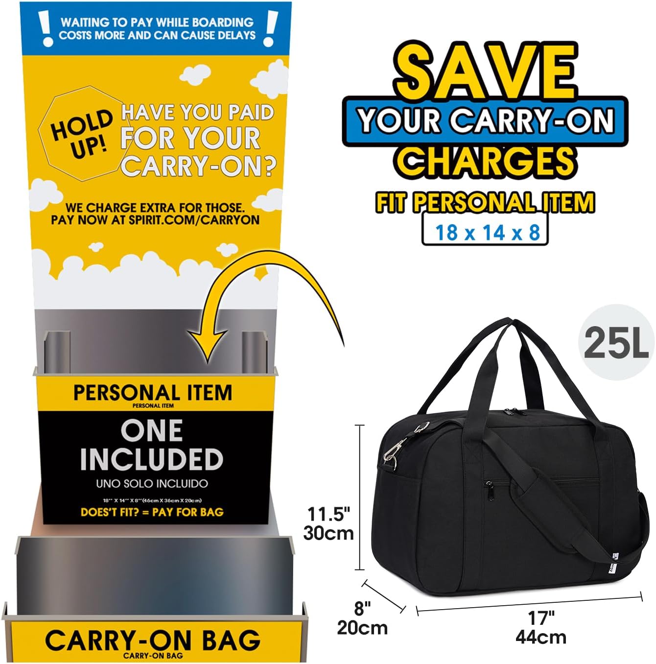 Narwey 18" Carry on Bag with Laptop Compartment 14 Inch Travel Duffel Bag for Spirit Airlines Personal Item Bag Overnight Weekender Bag with Wet Pocket for Women and Men (Black)