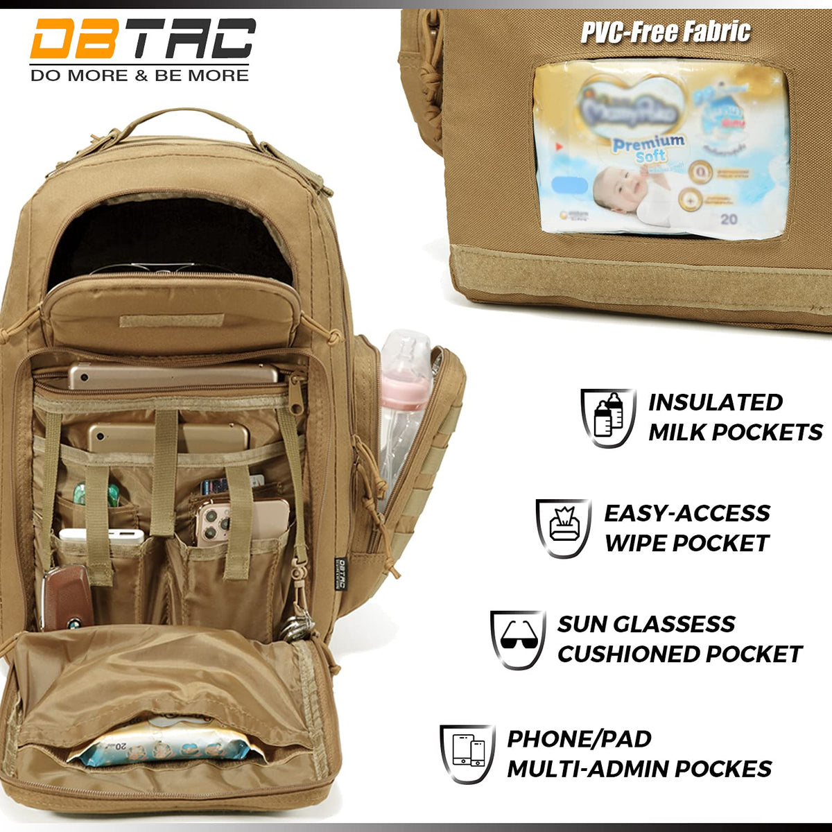 Diaper Bag Backpack for Dad, DBTAC Large Baby Nappy Bag for Men w/Changing Mat, Insulated+Wipe Pockets, Stroller Straps, Tan