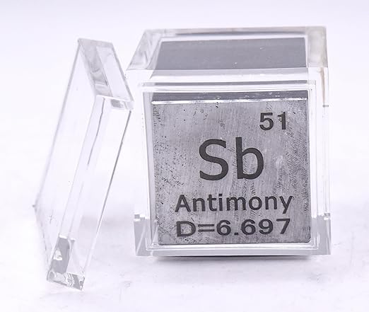 1" 25.4mm Antimony Metal Cube Sb up to 99.9% Pure Periodic Table Element Engraved Density Collection Science Education Display Block Cube + Acrylic Case Box - 1PC