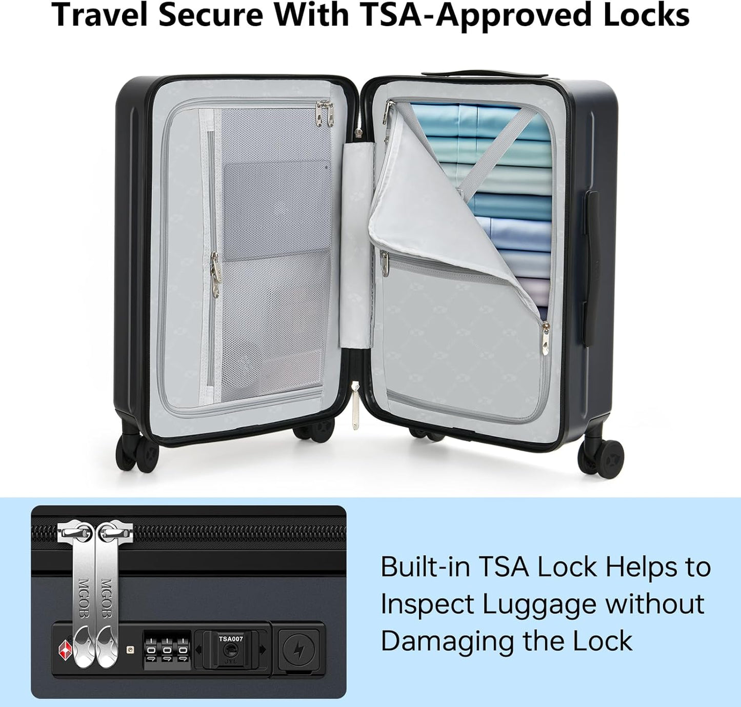 Carry on Luggage 22x14x9 Airline Approved, Durable PC Hardside Suitcase with TSA Lock for Business Trip & Travel, 20 Inch Carry-on Luggage with Front Pocket, USB Port & 360°Spinner Wheels, (Dark Grey)