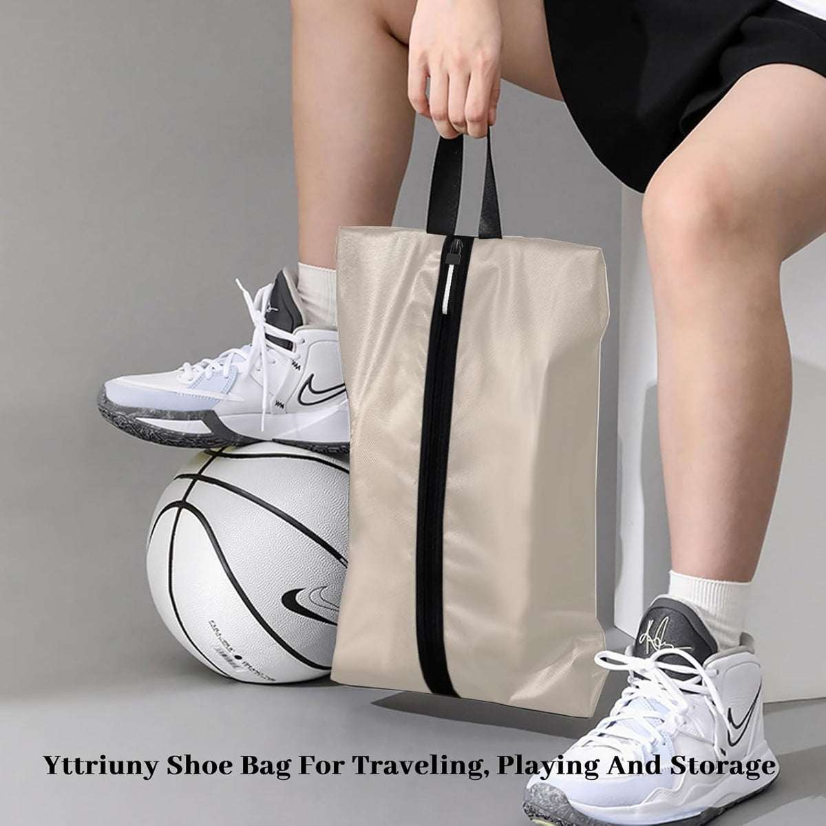 Smell Proof Shoe Bag for Travel Water-Resistant Lightweight Dustproof Golf Soccer Shoe Storage Organizer Pouch with Zipper for Gym Sports Travel Work Men and Women(Off White, 1-Pack)
