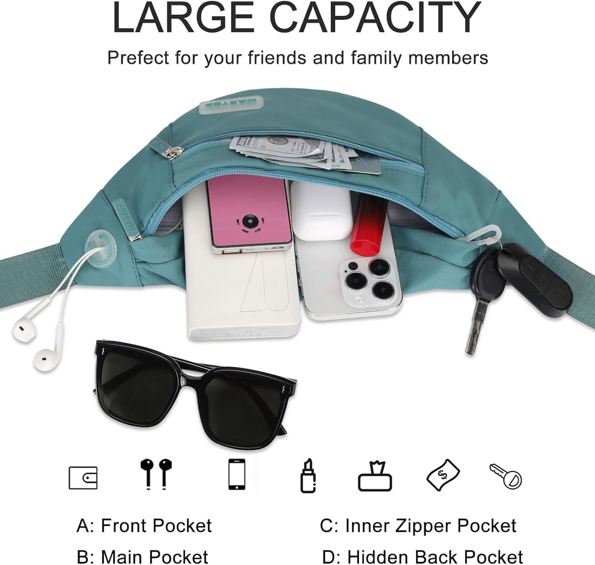 MAXTOP Large Crossbody Fanny Pack with 4-Zipper Pockets,Gifts for Enjoy Sports Festival Workout Traveling Running Casual Hands-Free Wallets Waist Pack Phone Bag Carrying All Phones
