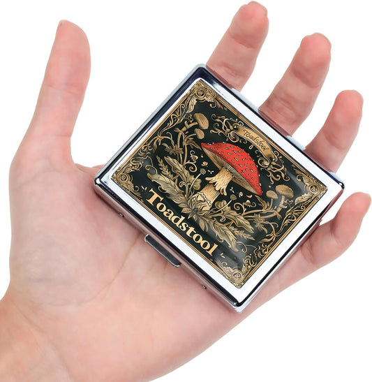 Cute and Stylish Metal Pill Box - Compact Portable Pill Organizer with 8 Compartments, Food-Grade Divider, Ideal for Travel, Vitamins, Jewelry, Cosmetics (Enchanted Toadstool)