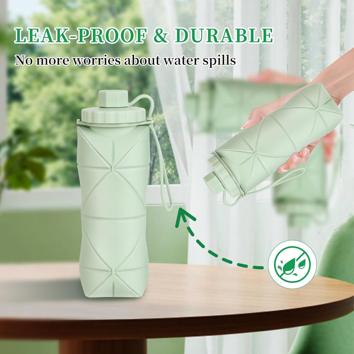 YCT Collapsible Silicone Travel Water Bottle 20oz (600ml), Reuseable Leakproof BPA Free Foldable Sports Bottle, with Carrying Strap, Pink + Green