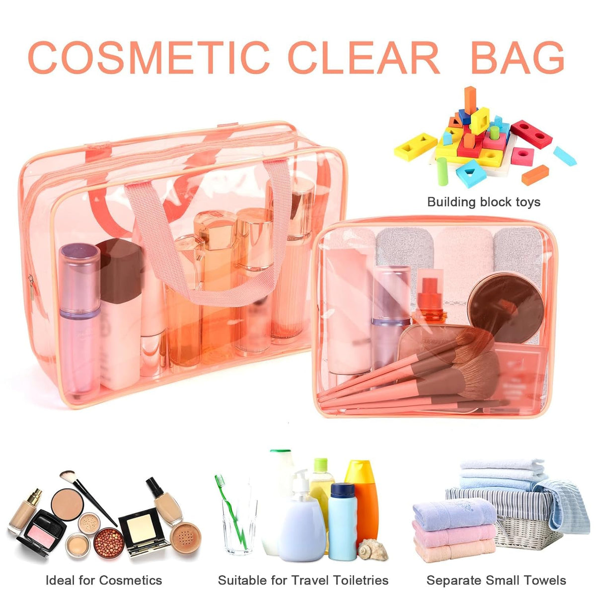 APREUTY Clear Makeup Bags, TSA Approved 6 Pcs Cosmetic Makeup Bags Set Clear PVC with Zipper Handle Portable Travel Luggage Pouch Airport Airline Vacation Organization (Peach)