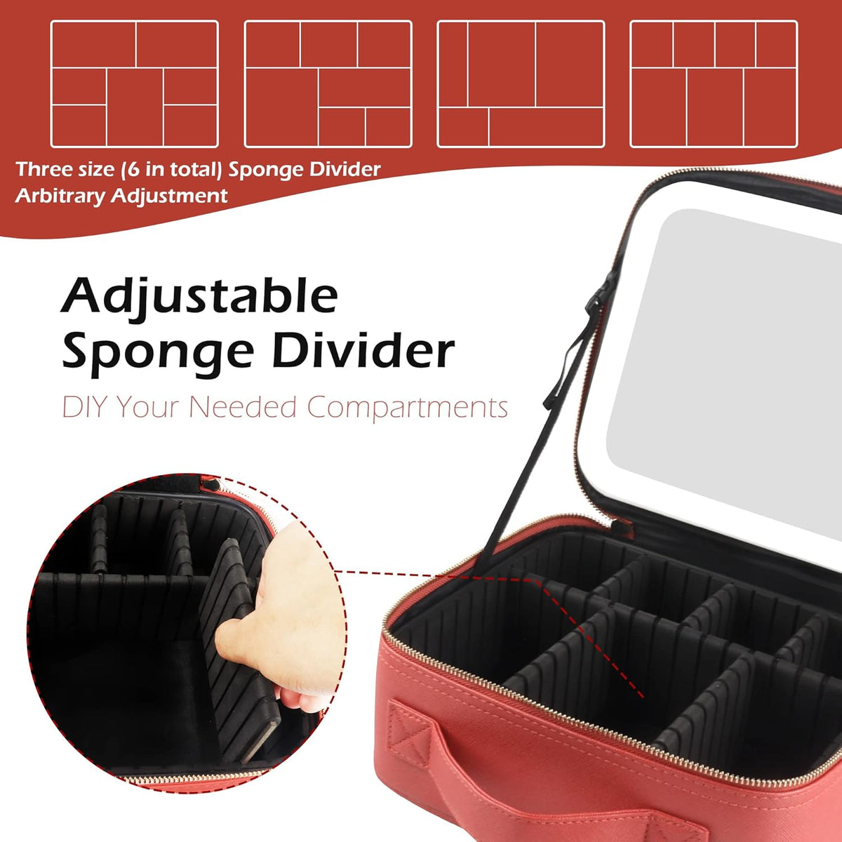 MOMIRA Travel Cosmetic Train Case with Lighted Mirror 3 Color Scenarios Cosmetic Bag Organizer with Adjustable Dividers Makeup Storage for Women, Makeup Accessories & Tools Case Red