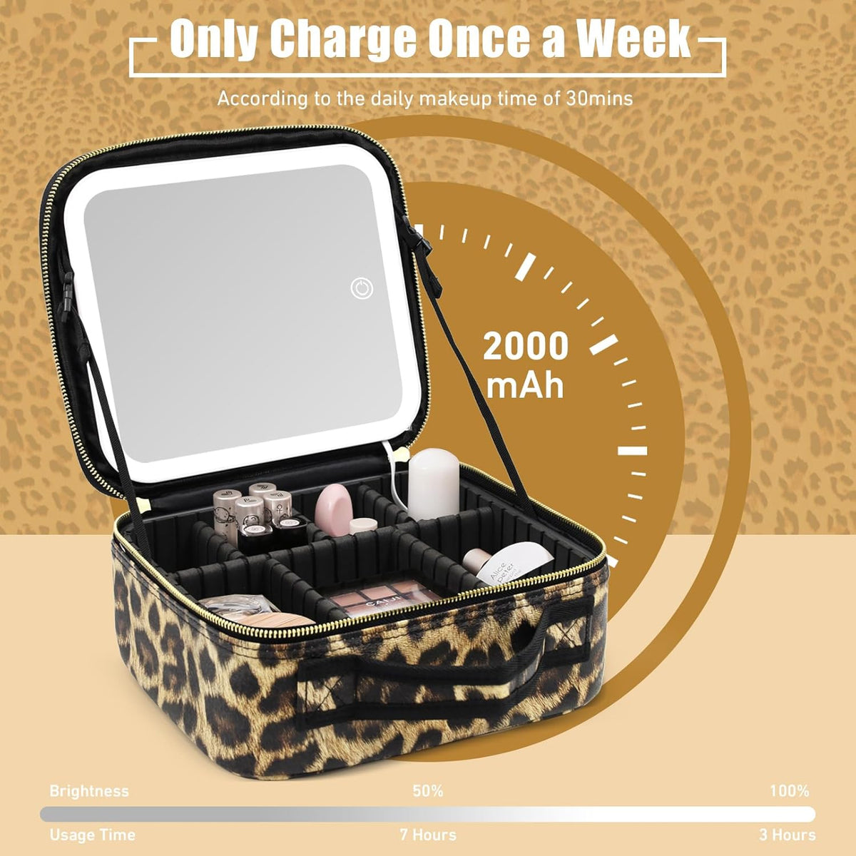 Makeup Bag with Light Up Mirror, Lighted Travel Makeup Organizer 3 Colors Adjustable Brightness, Makeup Bag with Mirror and Light, Travel Train Case Portable Cosmetic Bag for Women(Leopard)
