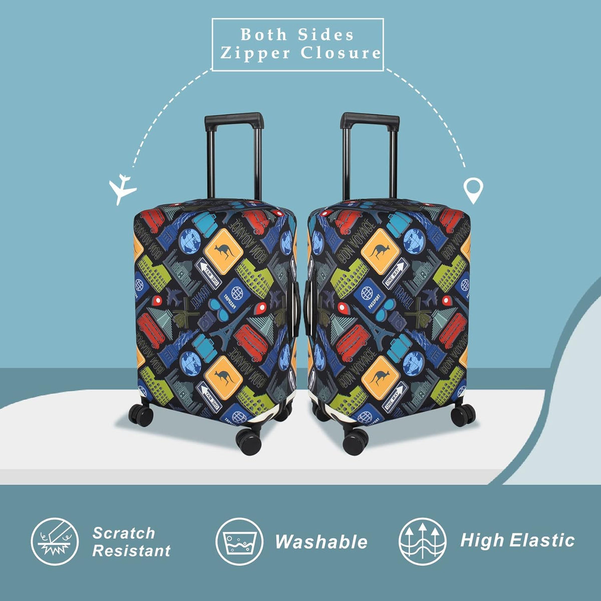 Explore Land Travel Luggage Cover Suitcase Protector Fits 23-26 Inch Case (Bon Voyage, M)