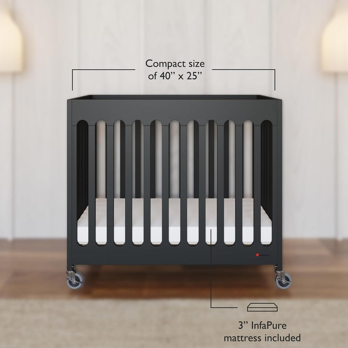 Foundations Boutique Folding Hotel Crib and Sheet Bundle - Includes Wooden Mini Crib with 3" Foam Mattress (Ebony) and 6-Pack White Fitted Compact Sheets
