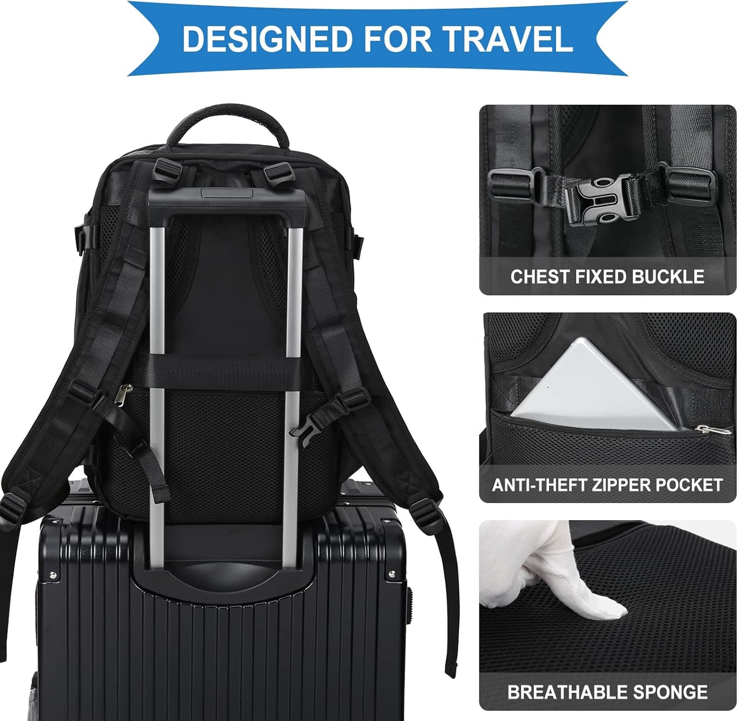 coowoz Large Travel Backpack For Women Men,Carry On Backpack Flight Approved,Hiking Backpack Waterproof Outdoor Sports Rucksack Casual Daypack Fit 15.6 Inch Laptop Shoes Compartment (Black)