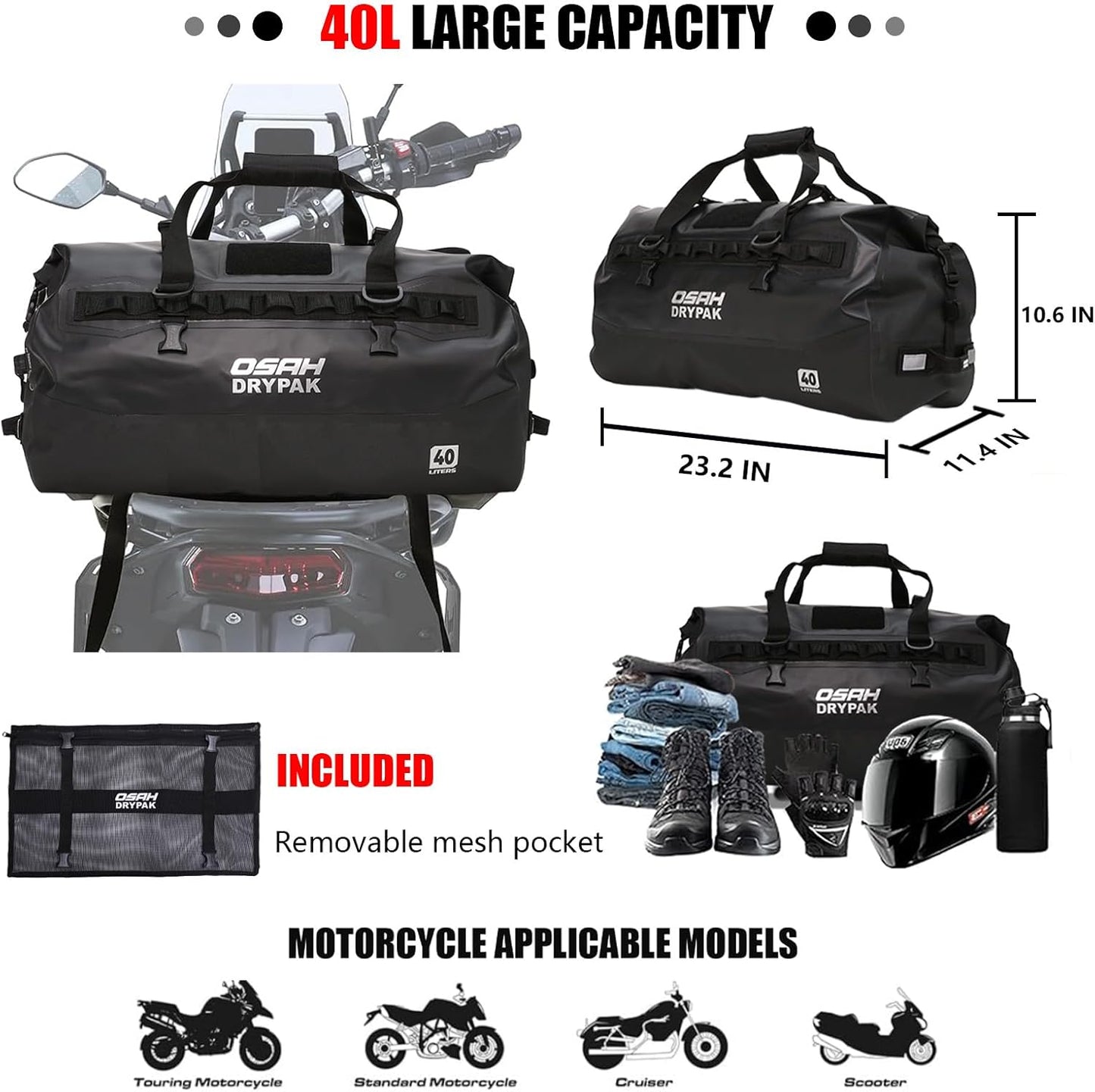 Waterproof Duffel Bag - Motorcycle Dry Bag 40L Tail Bag with Large Storage Space, Waterproof Duffle Bags with Outer Mesh Zipper Pocket for Camping, Kayaking, Fishing & Traveling-Black