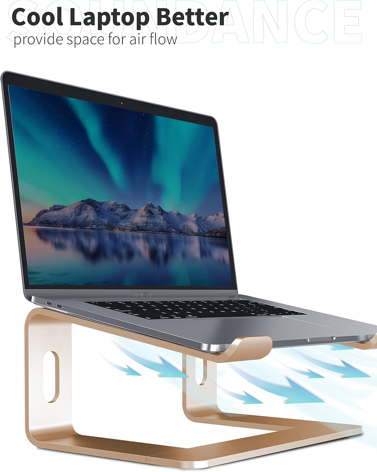 SOUNDANCE Laptop Stand, Aluminum Computer Riser, Ergonomic Laptops Elevator for Desk, Metal Holder Compatible with 10 to 15.6 Inches Notebook Computer, Gold