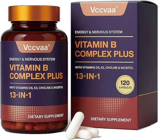 13-in-1 Vitamin B Complex Plus with Biotin, Inositol, Folate, B12, C, D3, K2 – Energy, Nerve & Immune Support for Men & Women – Vegan, Non-GMO, 120 Capsules
