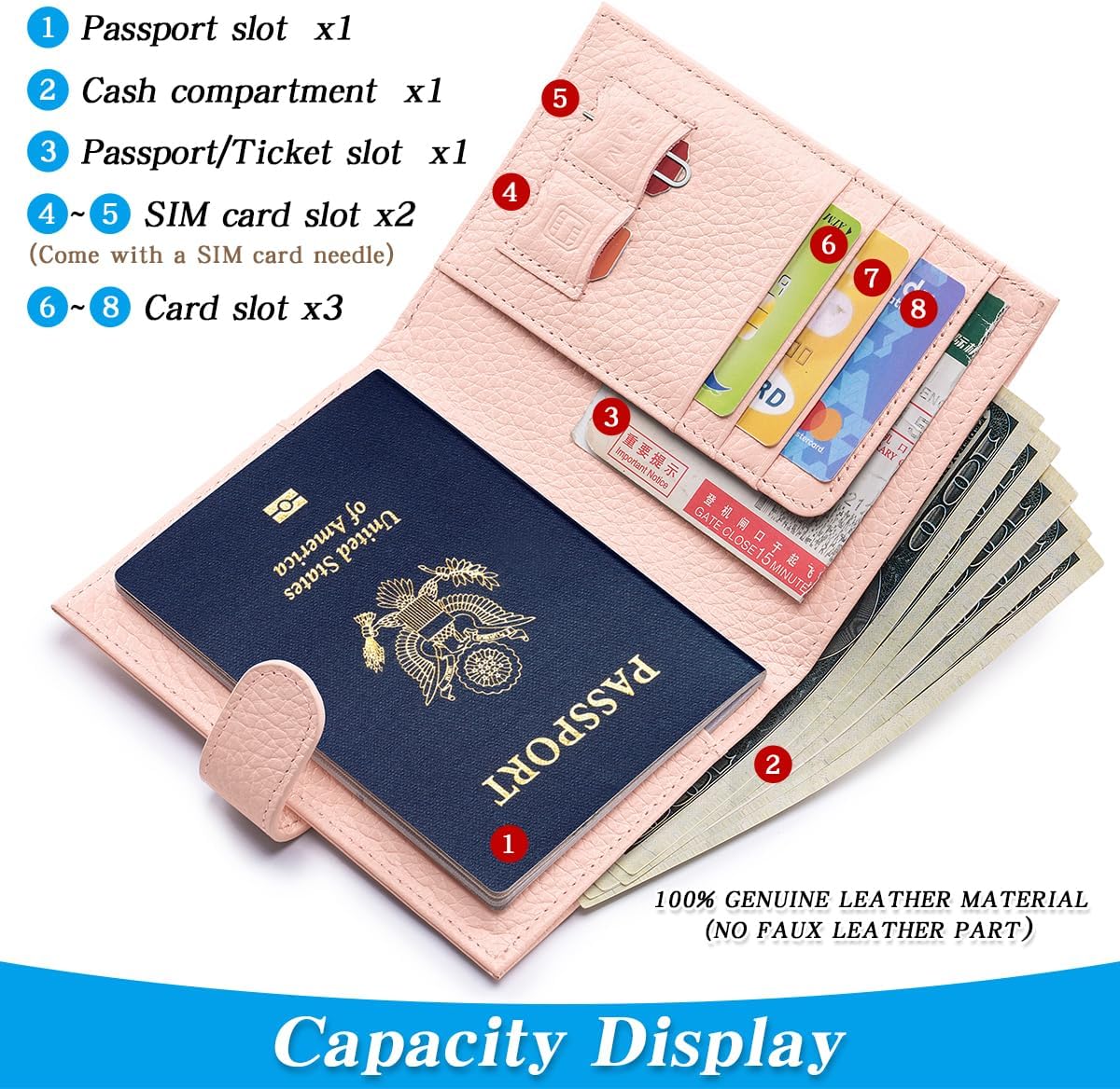 Passport Holder for Travel Women RFID Blocking Genuine Leather Passport Wallet with Card Slots, Zipper Coins Pocket, Cash Holder, Pink