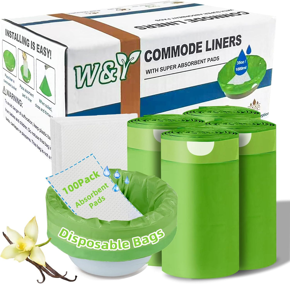 W&Y 100 Pack Commode Liners with Super Absorbent Pads, Universal Fit All Standard Toilet Chair Bucket，Vanilla-Scented Portable Sanitary Bag for Adult Toilets and Camping Toilets（100 Bags+100Pads）
