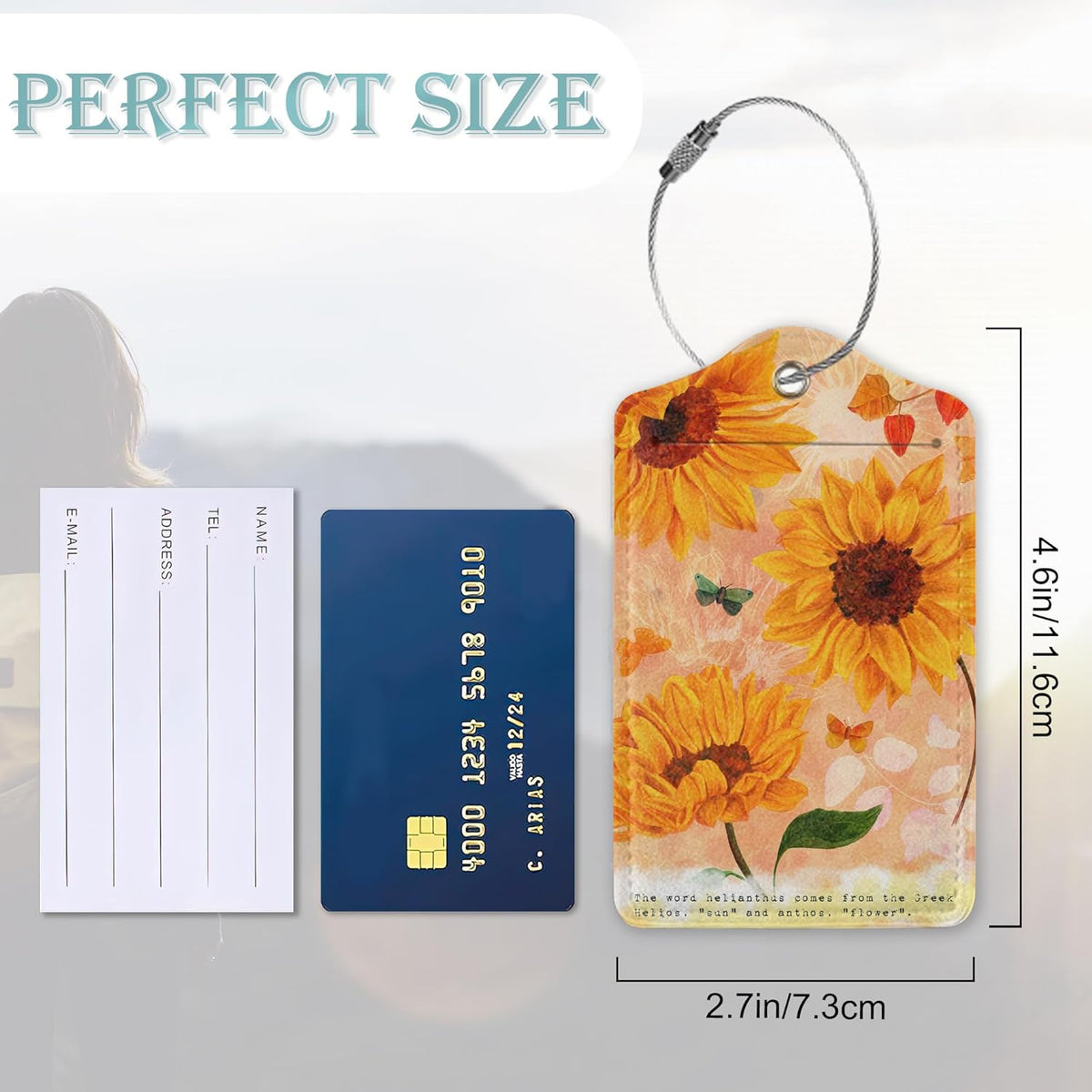 Sunflowers Luggage Tags Set of 2 Butterfly Retro Leather Suitcase Tags with Stainless Steel Loop and Privacy Cover for Women Men Travel Luggage Accessories