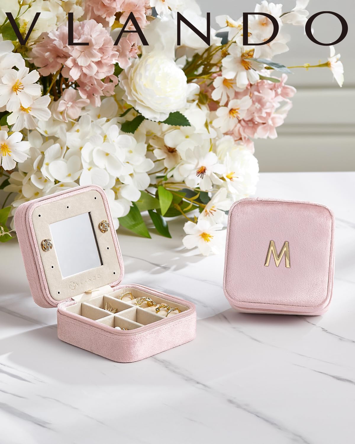 Vlando Mothers Day Gifts for Mom Travel Jewelry Case for Girl Women, A Initial Jewelry Case, Mini Jewelry Travel Organizer Travel Essentials for Travel Gift Teen Girls - Letter A, Pink