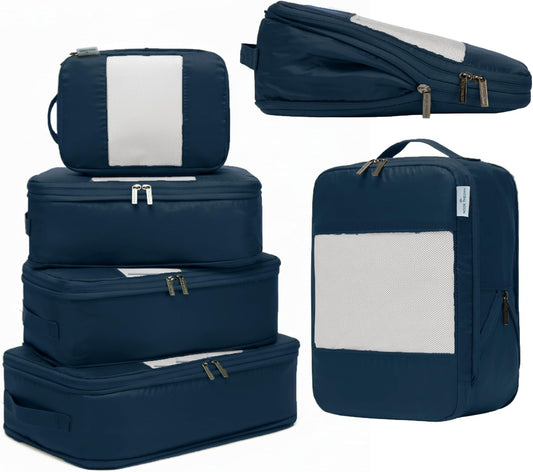 6-Pack Compression Packing Cubes Travel Essentials - Lightweight, Water-Resistant Luggage Organizer Bags with Handles, Durable Travel Accessories Suitcase Organizer (Inkblue)