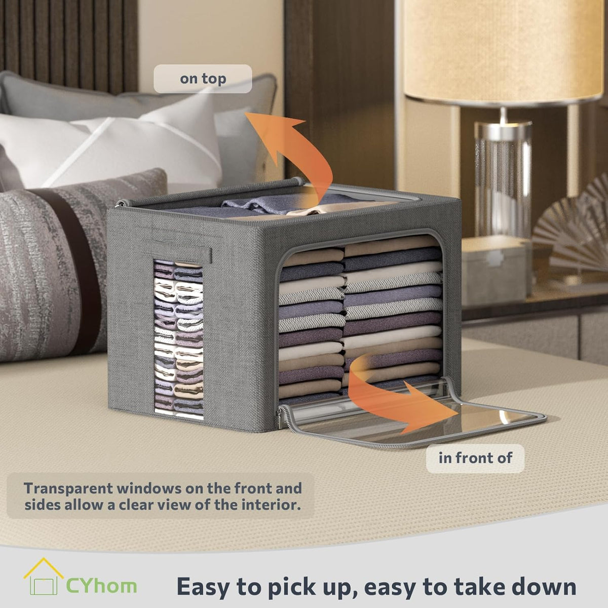4 Pack Clothes Storage Bins with Metal Frame - Linen Fabric Foldable Stackable Container Organizer Set with Clear Window & Carry Handles & Zippers (Dark Gray, 15.7"x11.8"x7.8")