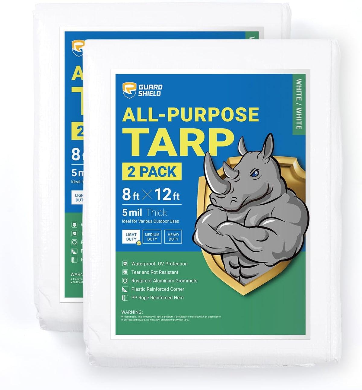 GUARD SHIELD Tarp White 8x12 Feet Multi Purpose Waterproof Poly Tarp Cover 5mil (2-Pack)