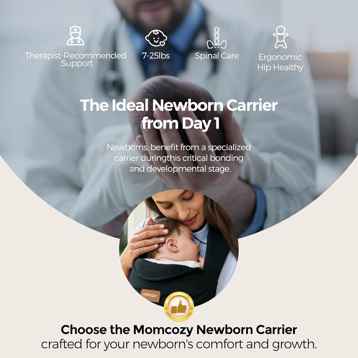 Momcozy Newborn Carrier WeeSnug- Lightweight and Cozy Comfort for 7-25 lbs, Ergonomic Cross-Back Support, Effortless to Put On, Hands-Free Baby Carrier with Lumbar Support, Black