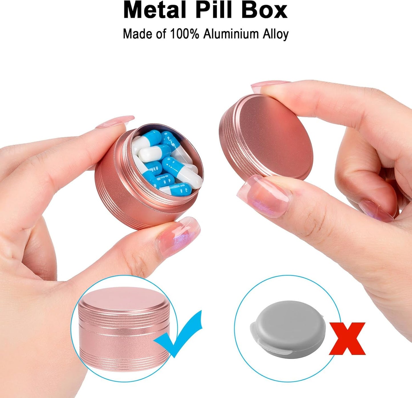 Small Metal Pill Box Pill Container - Waterproof Travel Pill Case for Purse Pocket, Portable Single Round Medecine Organizer Daily Vitamin Medication Pill Holder Pink