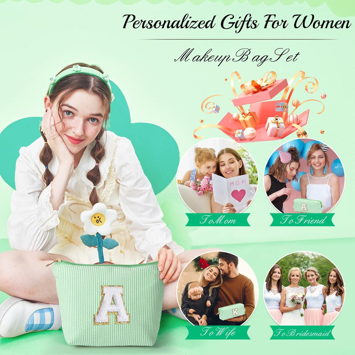 YOOLIFE Initial Makeup Bag for Women - Monogram Cute Makeup Bags Cosmetic Toiletry Pouch Make Up Case for Women Her Best Friend Friendship Sister Teacher, Personalized Birthday Gifts for Women E