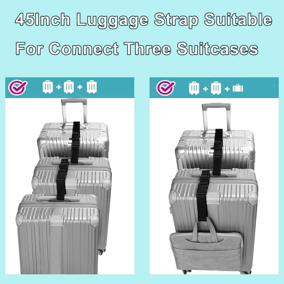 Luggage Straps for Suitcases TSA Approved, Travel Accessories to Connect Two Suitcase, Add Bag Luggage Straps for Carry On Your 3 Luggages Adjustable Buckle Belt, 2Pack Black