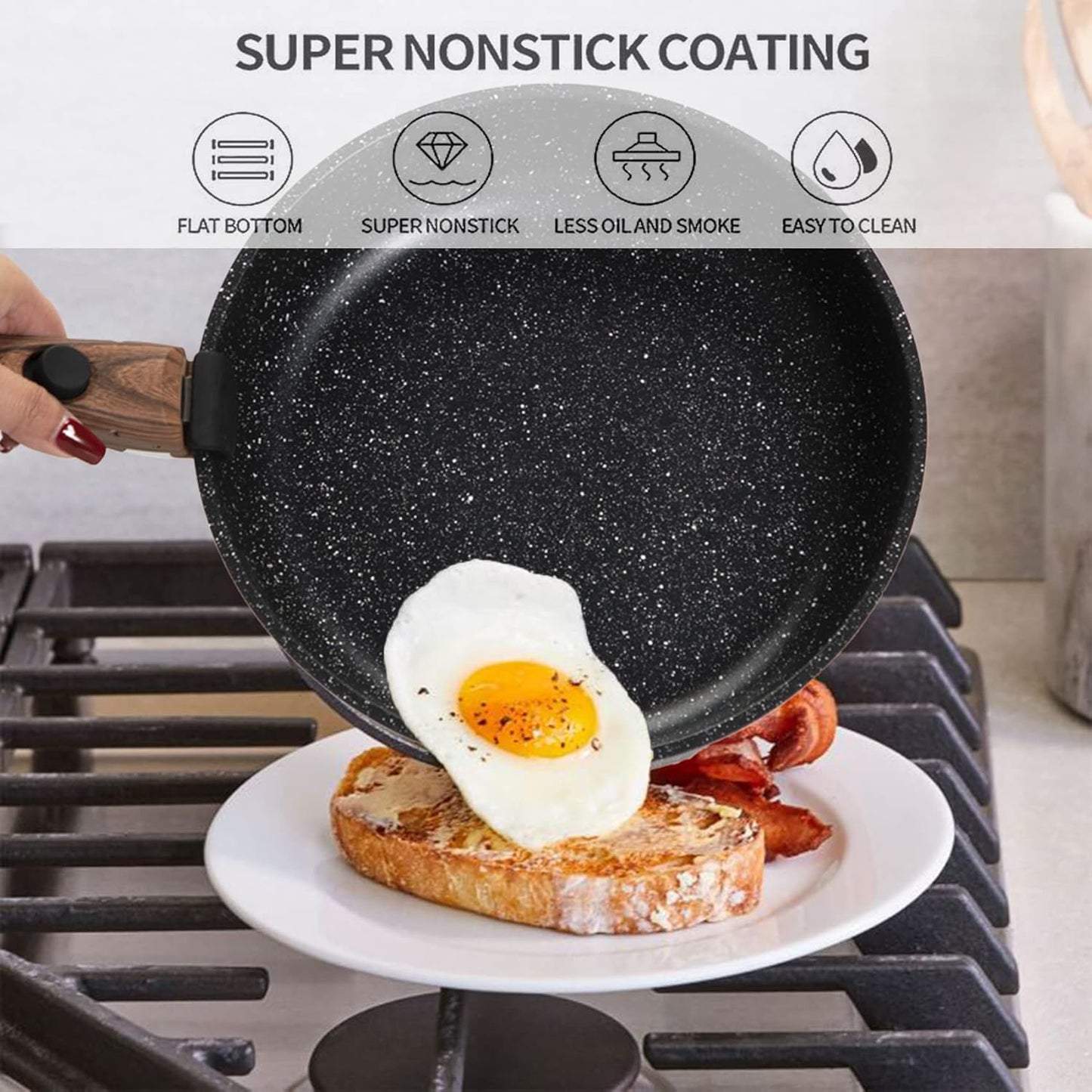 Kitchen Academy Removable Handle Induction Pots and Pans Set - 10 Piece Non-stick Cookware Sets, Black Granite Stackable RV Cookware for Camp
