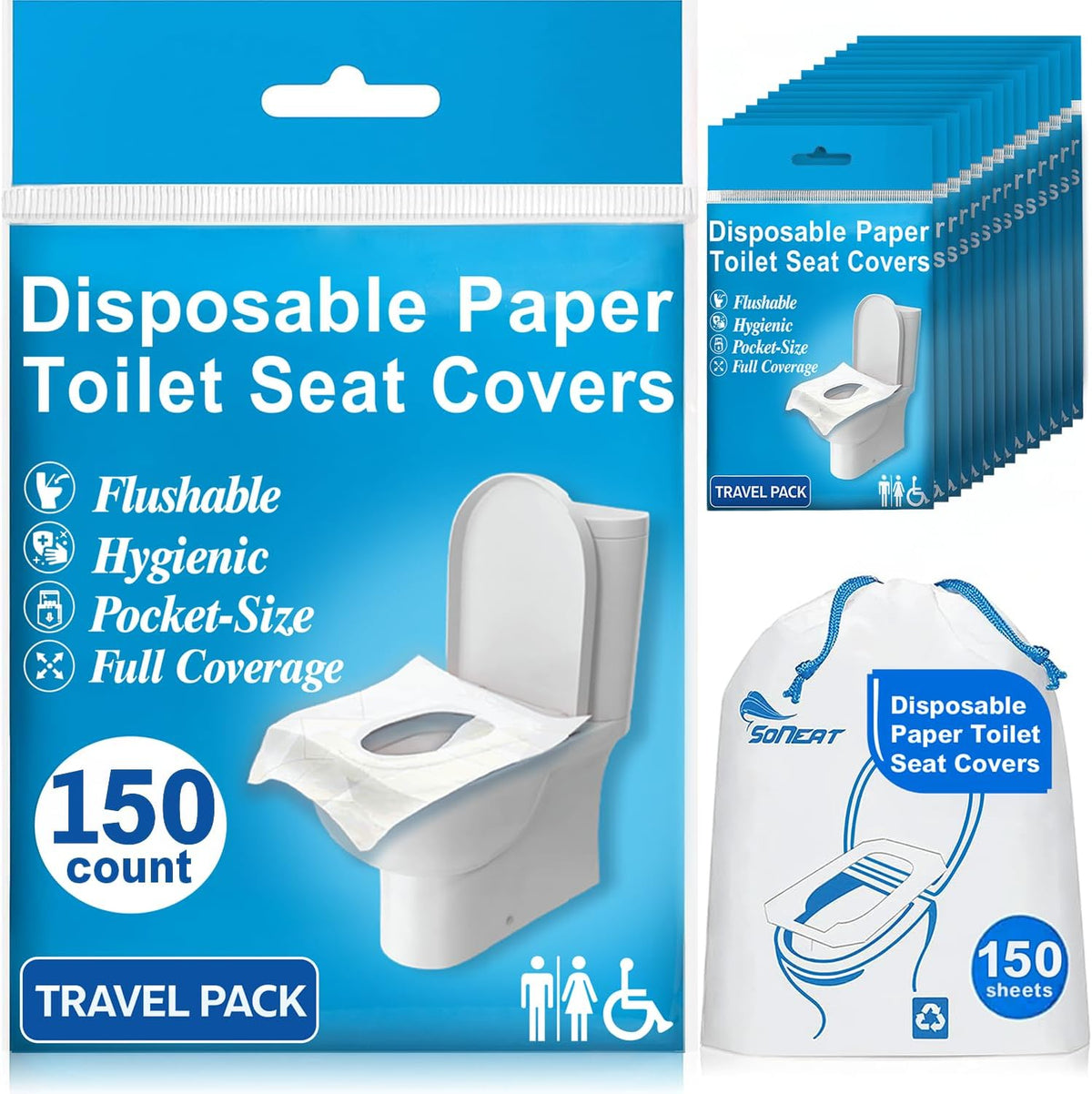 Disposable Toilet Seat Cover - 150 Count Large Flushable Toilet Seat Covers for Travel, Disposable Toilet Seat Cover for Kids, Potty Training & Public Restrooms, Travel Size Paper Seat Covers