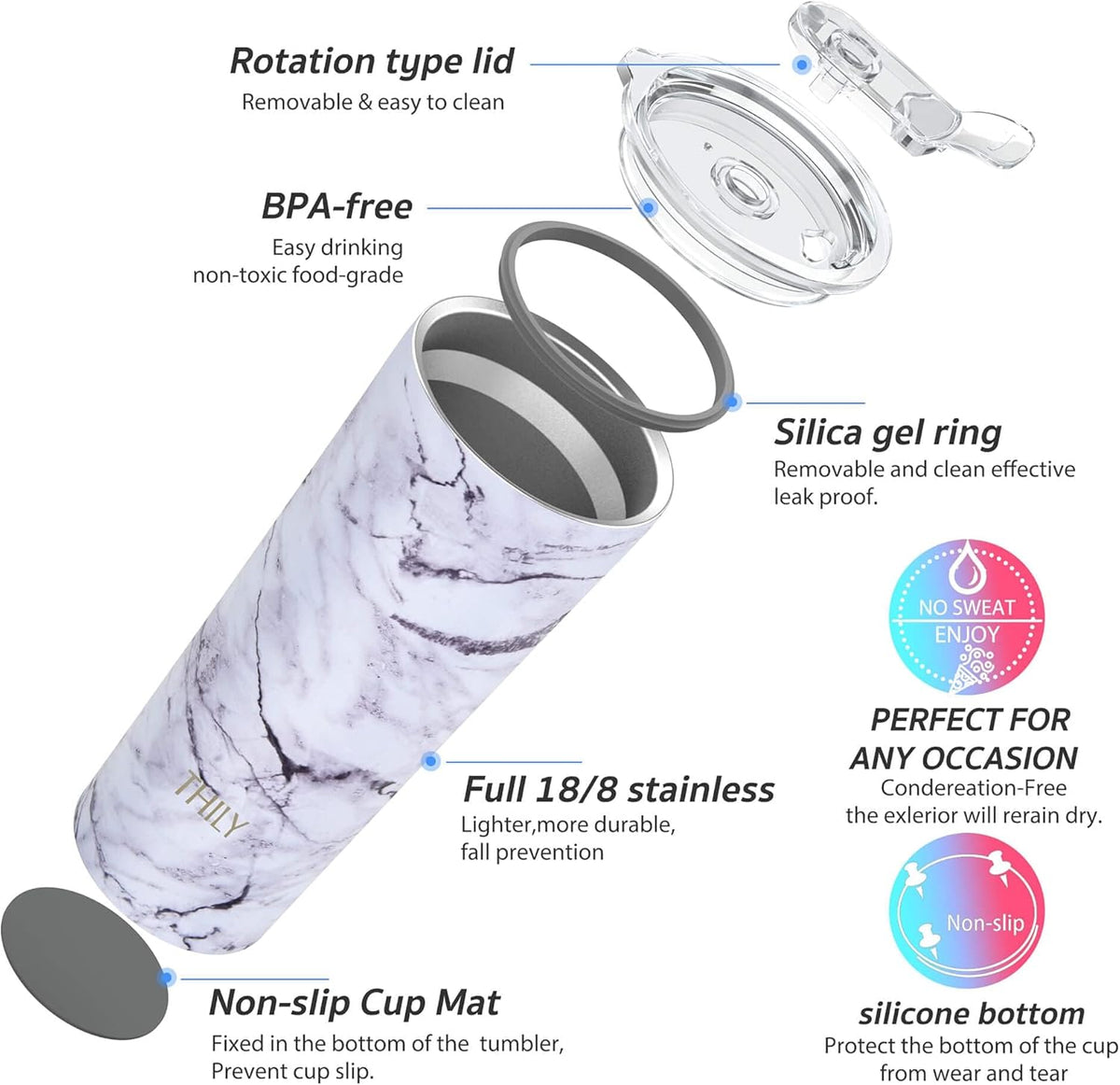 THILY Stainless Steel Vacuum Insulated Tumbler 26 oz Triple-Insulated Travel Mug with Splash-Proof Lid, for Iced Coffee and Hot Beverage, White Marble + Black Marble