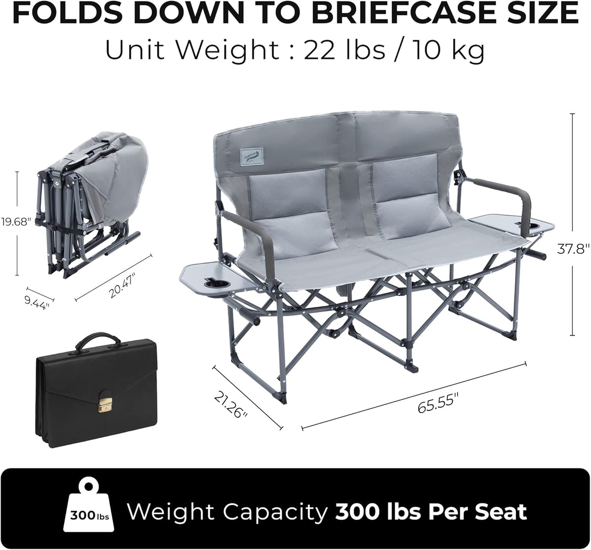 Oversized Double Portable Folding Director’s Loveseat Chair with Padded Backrest, Side Table | Outdoor Sports, Beach, Lawn, Hunting, Tailgating, Fishing| Supports 300 Lbs/Seat